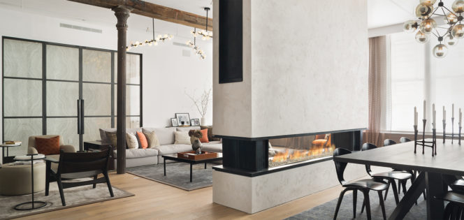8' linear see-through fireplace in Duane Street New York. Tribeca loft's long linear see-through firepace wtih clear fireglass