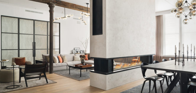 8' linear see-through fireplace in Duane Street New York. Tribeca loft's long linear see-through firepace wtih clear fireglass