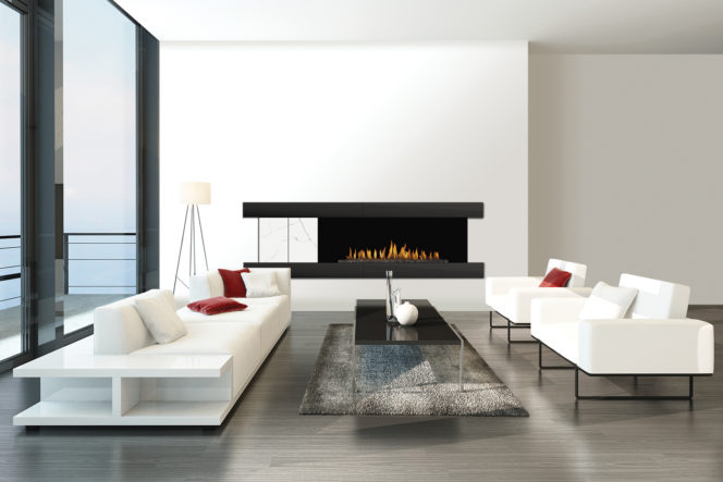 H Series linear gas fireplace with fulcrum designer surround