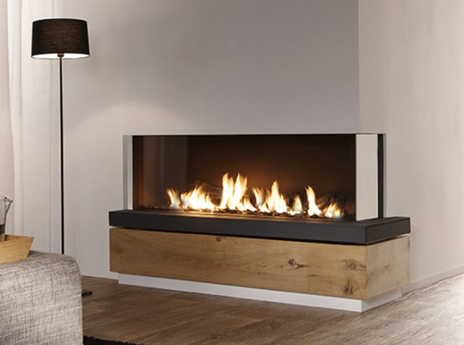Corner fireplace. 2 sided fireplace. modern fireplace design. Element4