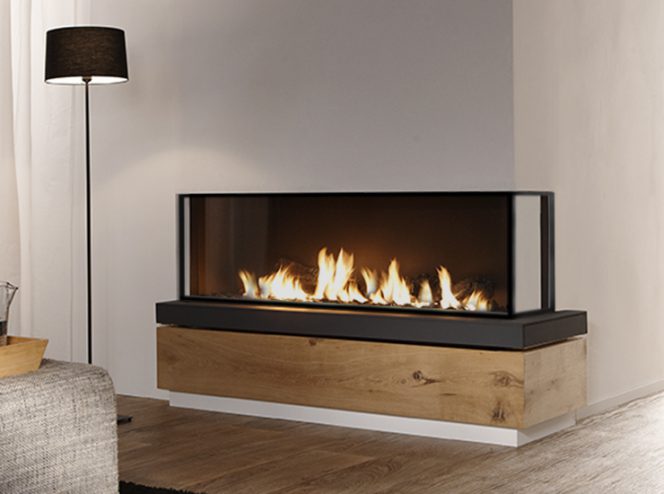 Corner fireplace. 2 sided fireplace. modern fireplace design. Element4