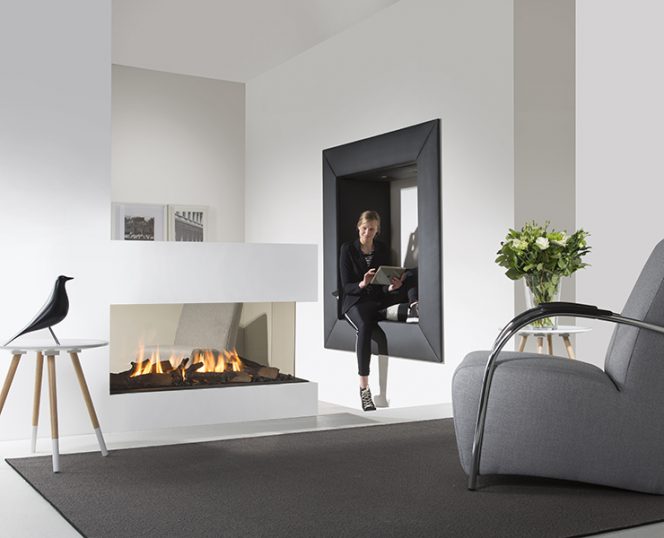 3 sided fireplace. modern gas fireplace. peninsula fireplace. element4. elegant.