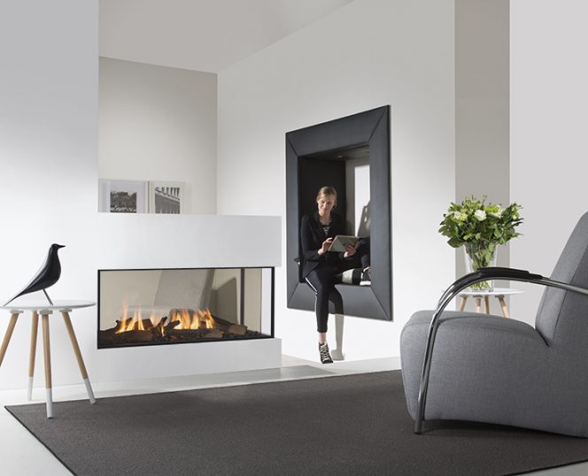 3 sided fireplace. modern gas fireplace. peninsula fireplace. element4. elegant.