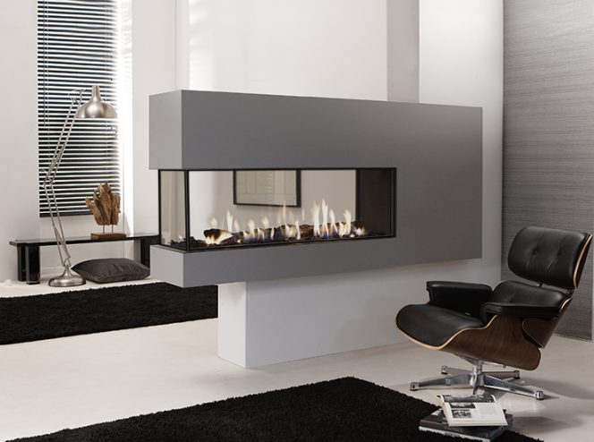 peninsula fireplace. 3-sided fireplace. direct vent fireplace. modern gas fireplace