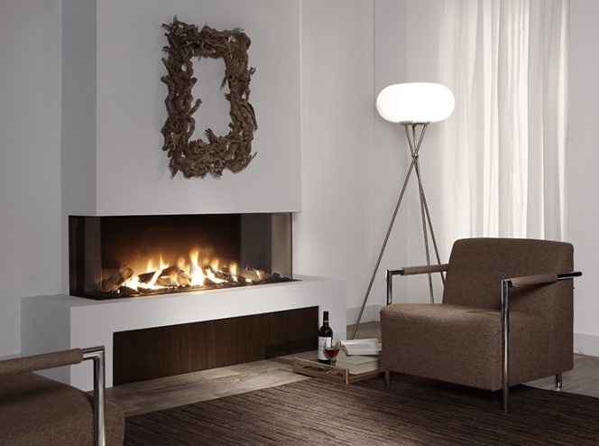 3-sided fireplace. modern gas fireplace. peninsula fireplace