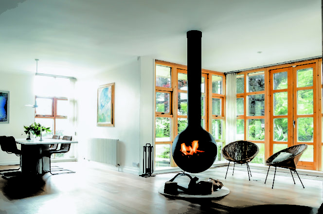 suspended fireplace, woodburning fireplace, modern fireplace