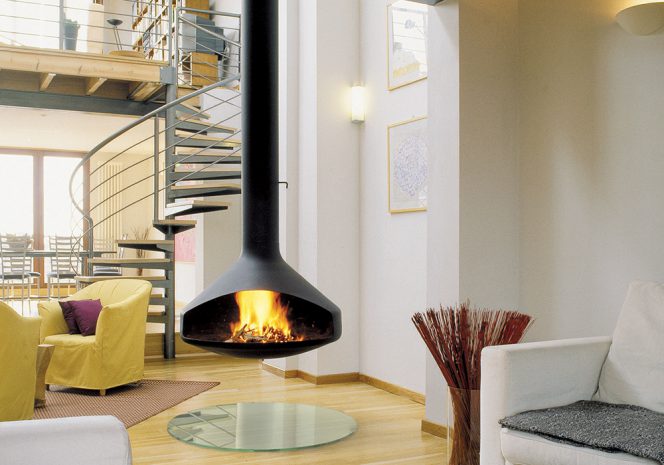 modern floating fireplace. hanging fireplace. wood burning fireplace.