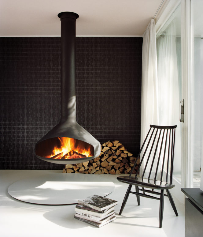 suspended woodburning fireplace