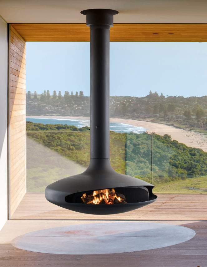 Gyrofocus floating suspended woodburning fireplace by Focus Fires