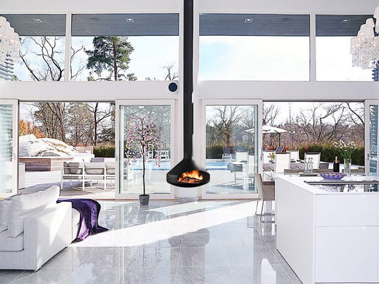modern floating fireplace. hanging fireplace. wood burning fireplace. focus fires