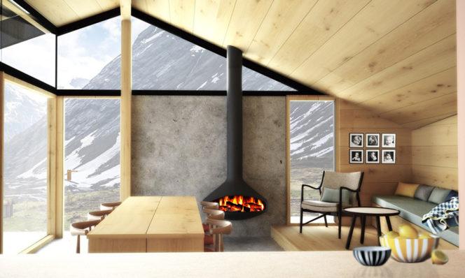 wood burning fireplace in a cabin