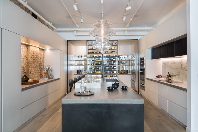 modern kitchen exposed brick custom backsplash large kitchen island