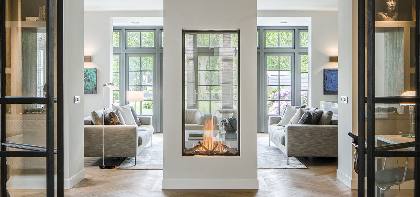 see-through modern fireplace, vertical fireplace