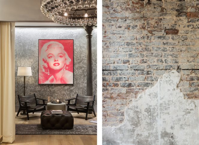 exposed brick statement art gallery wall monotone color palette