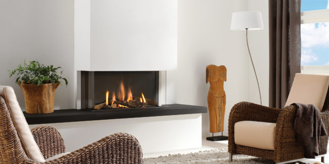 3 Sided Fireplace with clean modern styling.