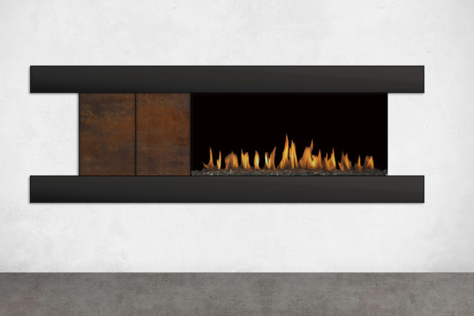 Designer Fireplace Surrounds featuring black and corten steel.