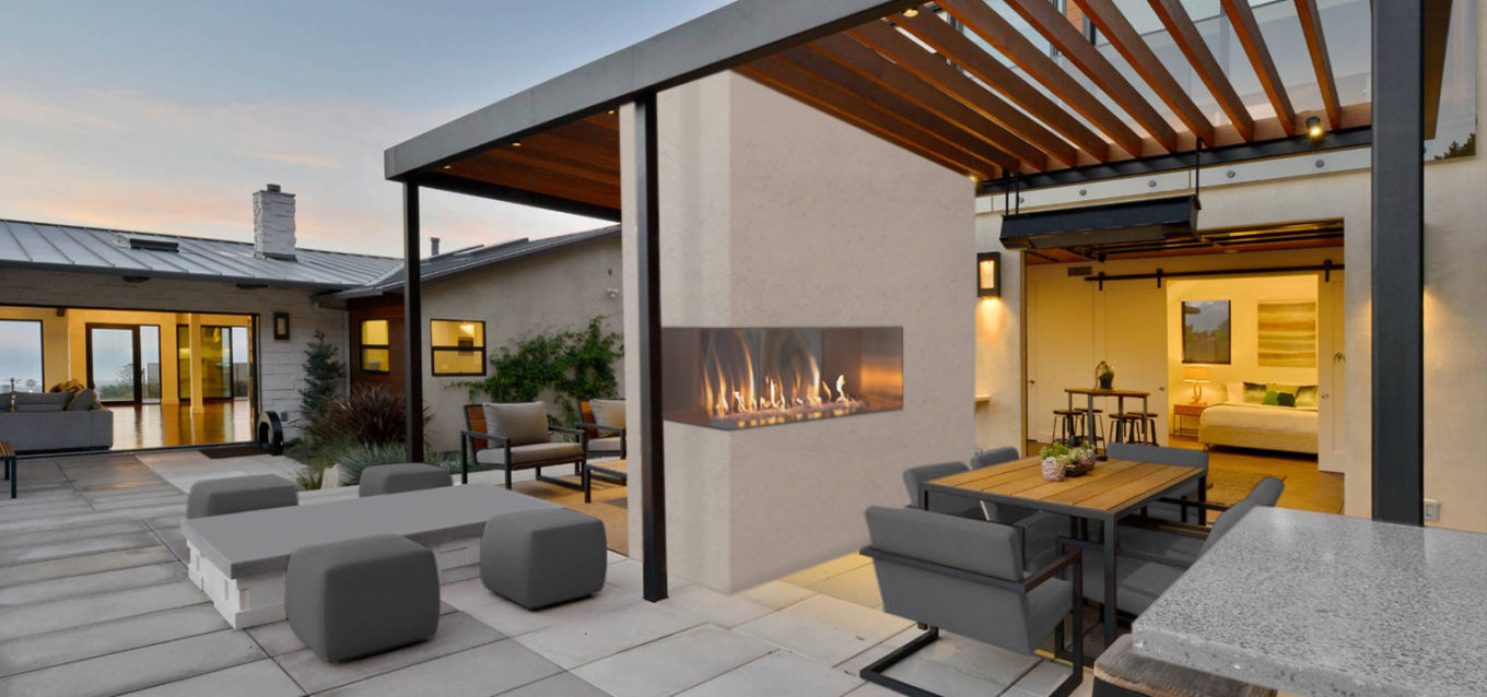 J Series Corner, two sided, outdoor gas fireplace by European Home