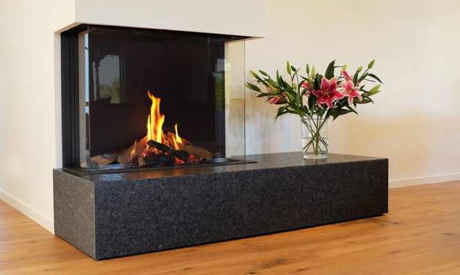 modern gas fireplace, three-sided