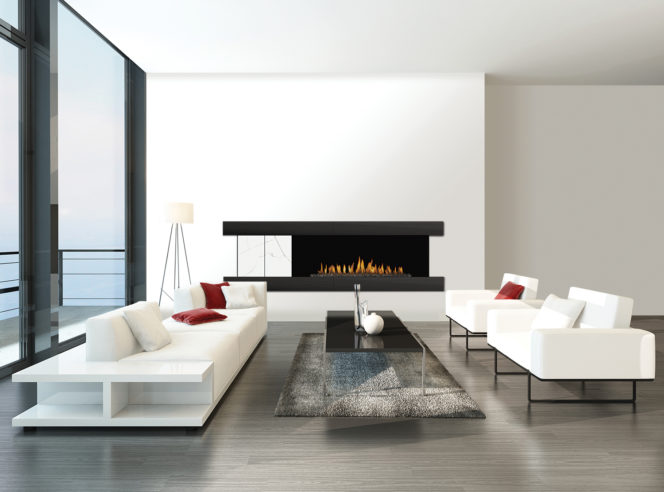 H Series linear gas fireplace with fulcrum designer surround