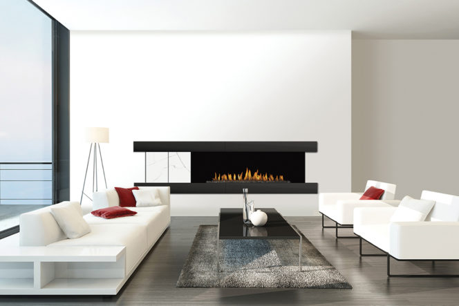 Satin Black metal and Bianco Marble tile designer fireplace surround for European Home H Series Vent Free Fireplace.