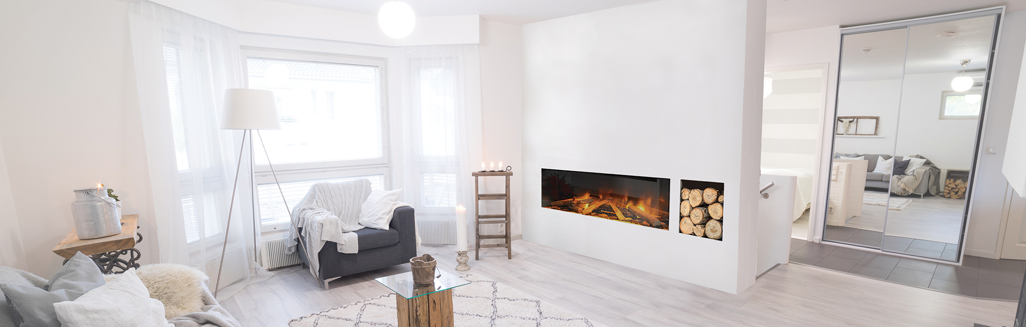 Scandinavian design and a modern electric fireplace.