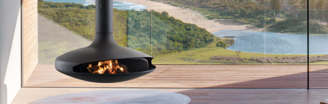 Gyrofocus floating suspended fireplace by Focus Fires with safety screen