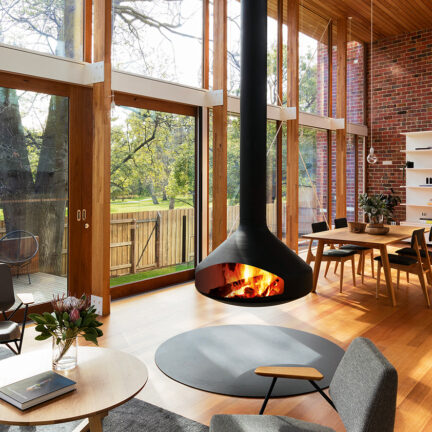 Floating steel and open-faced fireplace.