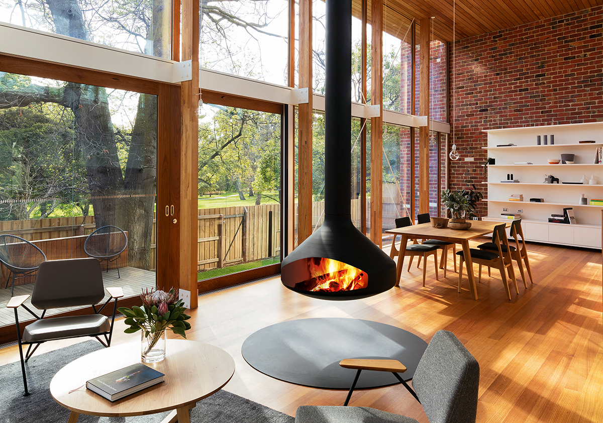 Floating steel and open-faced fireplace.