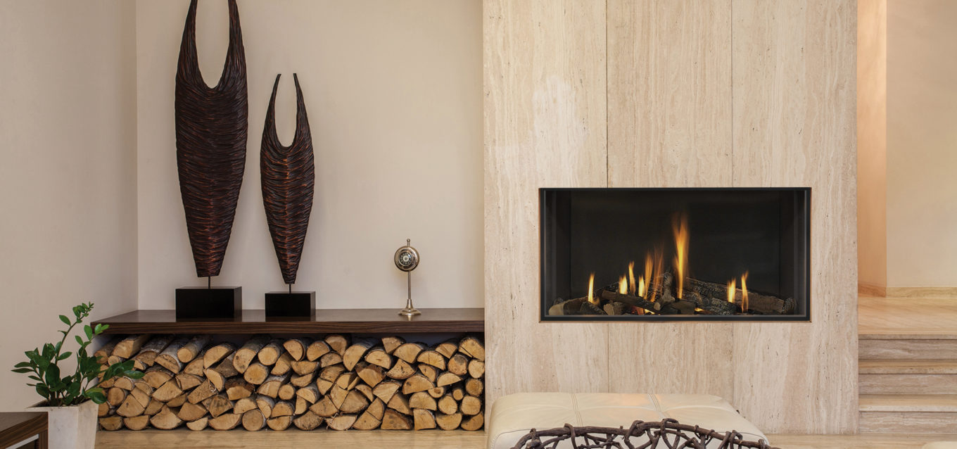 single-sided modern fireplace with direct vent technology featuring a safety screen