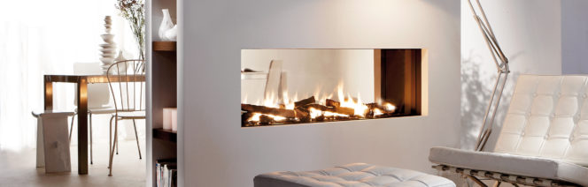 See-through modern gas fireplace with detailed log set.