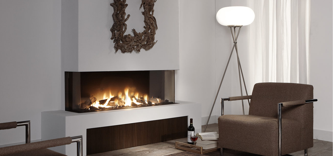 3 sided modern gas fireplace by Element4. 55" wide linear fireplace.