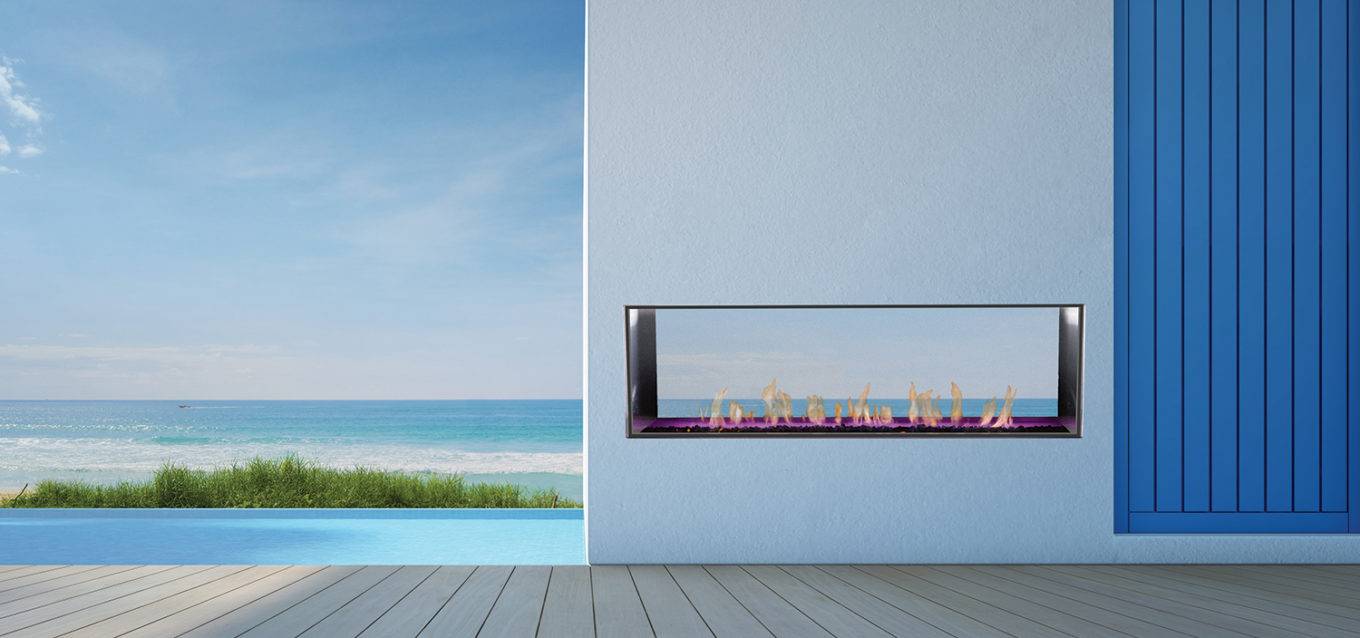 J Series M2: modern outdoor see-through gas fireplace with safety screen.