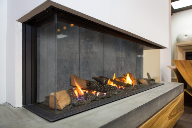 Club Series: Concrete style interior panels available for modern gas fireplaces.