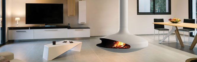 Suspended hanging fireplace rotates 360 degrees