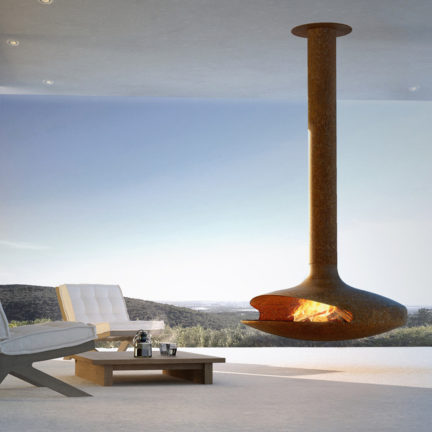Outdoor suspended fireplace featuring a modern rust finish.