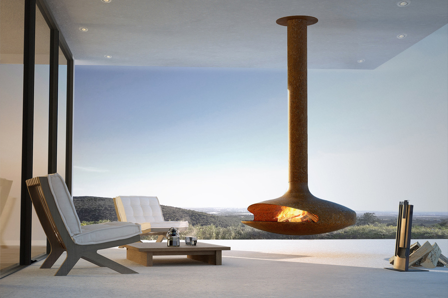 Outdoor suspended fireplace featuring a modern rust finish.