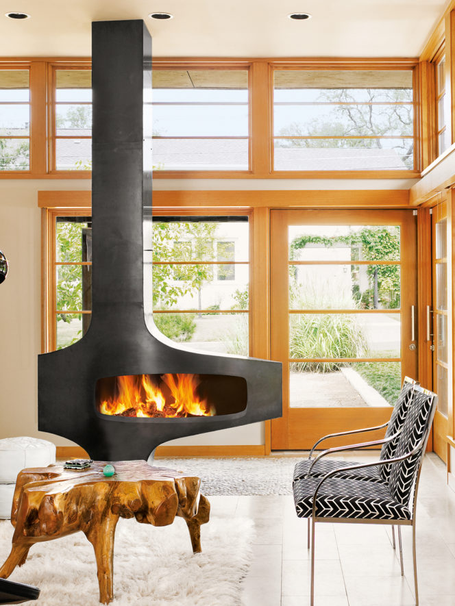 Industrial style modern wood gas fireplace or stove.