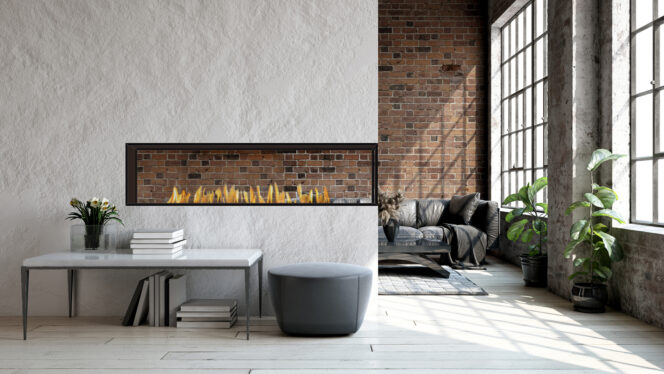 H Series Peninsula Fireplace by European Home, a three-sided, linear, vent-free fireplace