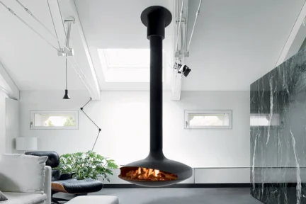 Gyrofocus gas Suspended Fireplace in Modern grey Room.