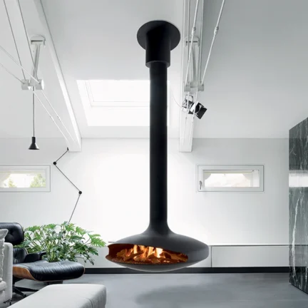 Gyrofocus gas Suspended Fireplace in Modern grey Room.