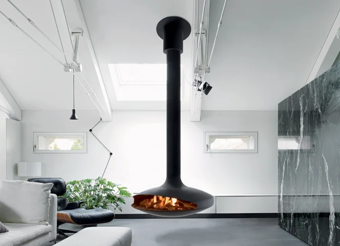 Gyrofocus gas Suspended Fireplace in Modern grey Room.