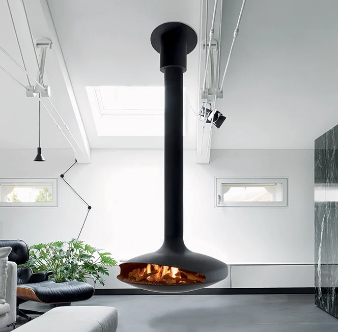 Gyrofocus gas Suspended Fireplace in Modern grey Room.