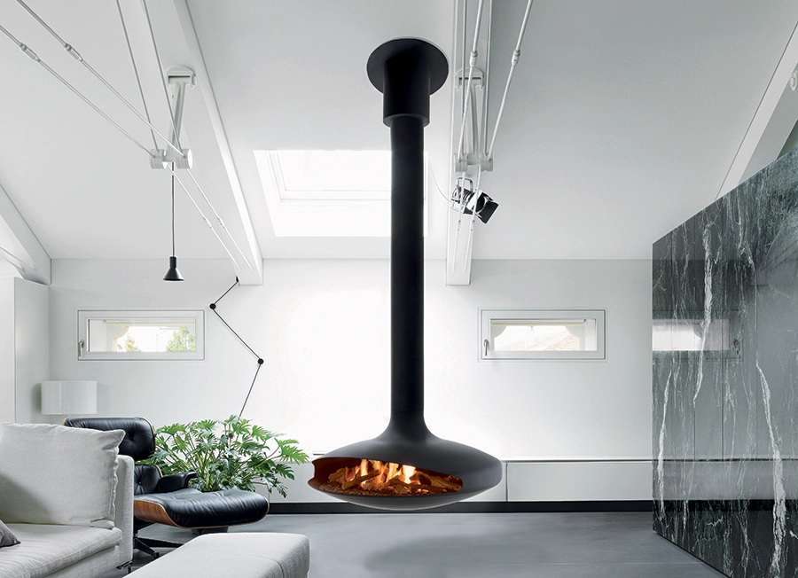 Gyrofocus gas Suspended Fireplace in Modern grey Room.
