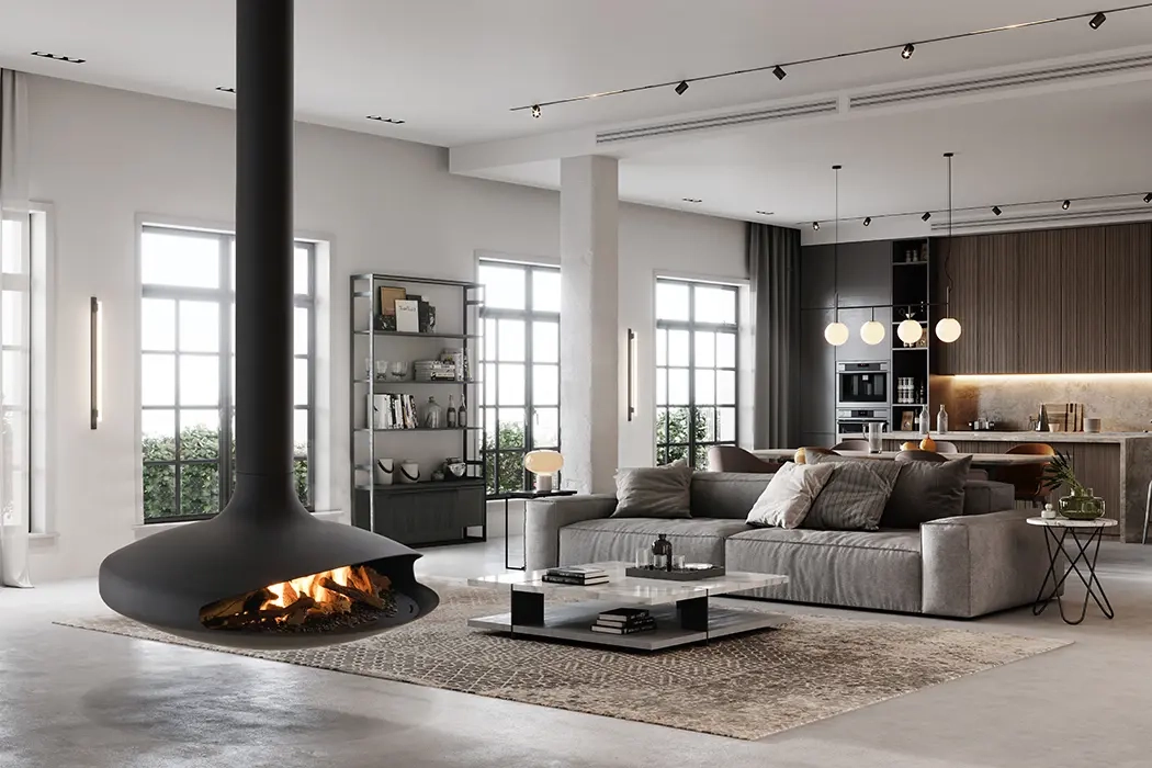 Gyrofocus Gas Hanging Fireplace in a Modern Livingroom