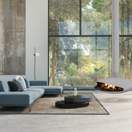 Gyrofocus Gas Hanging Fireplace Floor to Ceiling Windows