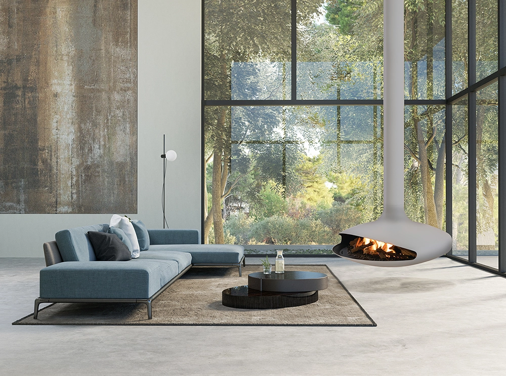 Gyrofocus Gas Hanging Fireplace Floor to Ceiling Windows