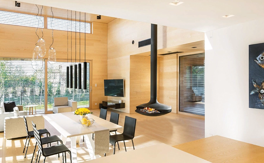 Gyrofocus Gas Floating Fireplace in natural Wood Surround