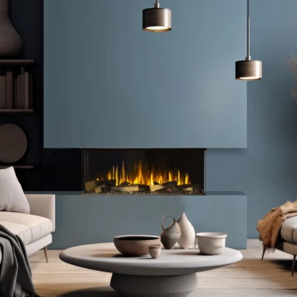 Signal 40 3 sided contemproary electric fireplace in slate blue den.