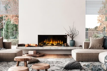 The Signal 40 modern electric fireplace set in a beige livingroom.
