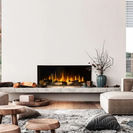 The Signal 40 modern electric fireplace set in a beige livingroom.